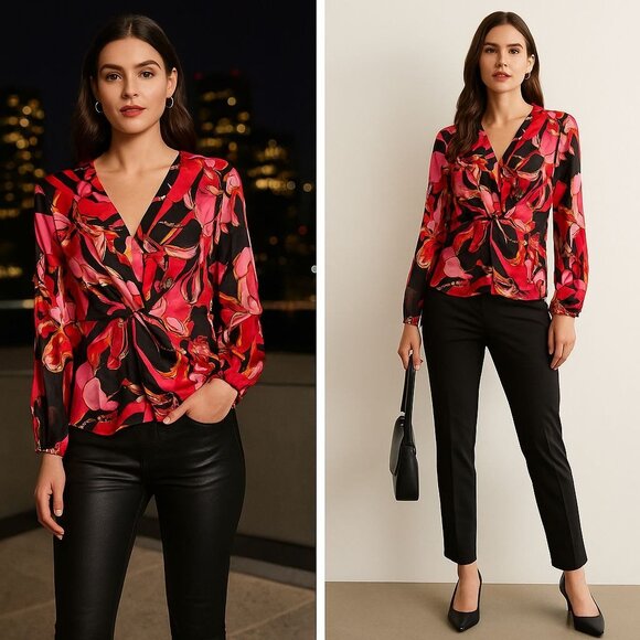 INC Women’s Twist Blouse Pink Print 6 Maximalist Power Top Night Out Bold - Picture 1 of 13